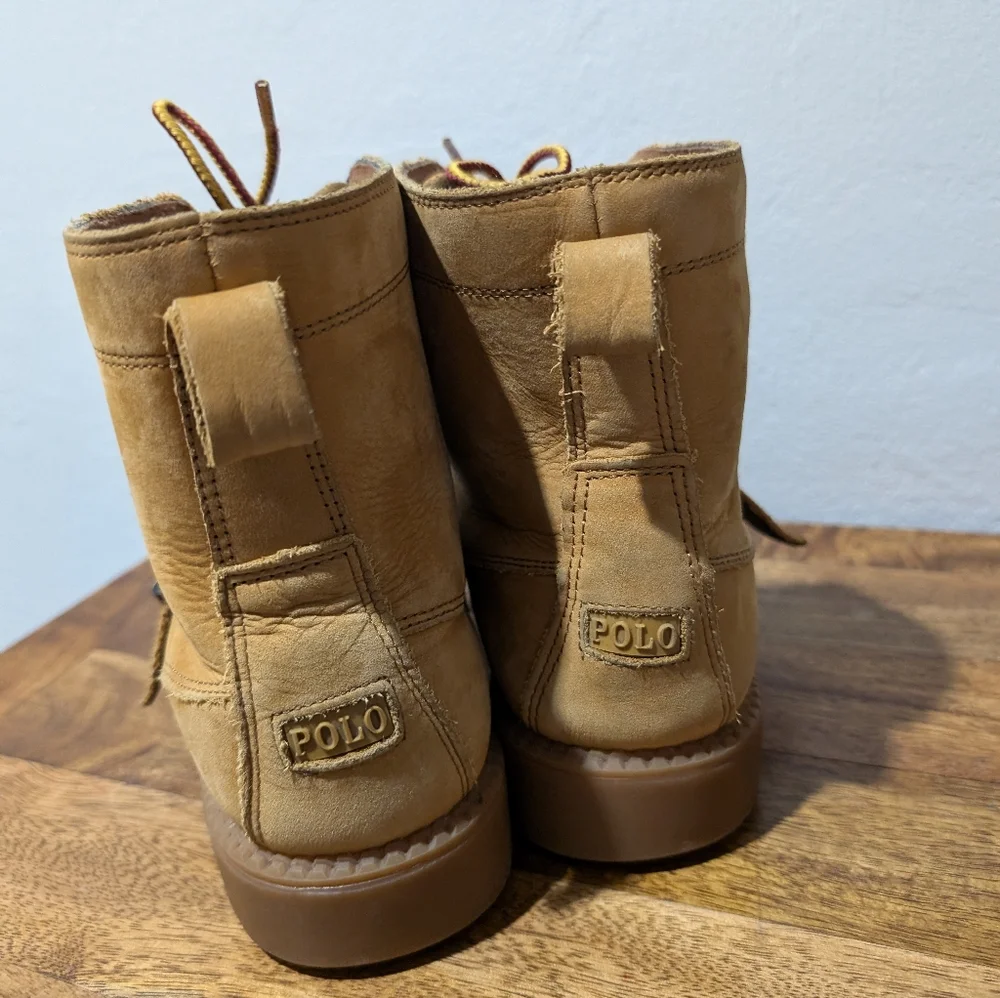 Polo Ralph Lauren Ranger High II‎ Flag Sweater Bear Boys Boots Cashew Size 4